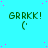 Cyan background with scattered pink dots, repeated green text 'GRRKK!' above a green '(.' symbol in a