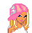 Pixelated cartoon character with blonde hair and pink cap, wearing white top and pants, standing against white background with pixelated text below.
