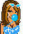 Pixelated cartoon girl blowing blue bubble gum next to stylized text on a light blue gradient background.