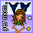 Pixel art contact sheet showing two animated frames of a cartoon girl with brown hair, green top, and blue bunny ears holding white clouds against purple background with stars.