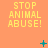 Orange background with yellow text reading "STOP ANIMAL ABUSE!" repeated in a pattern, interspersed with small cyan plus and star symbols