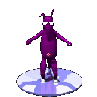 Purple cartoon character with antlers and a tail performs sequential walking animation on circular blue-and-white platform.