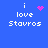 Blue background with white text 'i love Stavros' and four variations of pink pixelated symbols above 'i'.