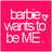 A four- with a pink displaying 'barbie wants to be ME.' text, a beach scene with legs, a starry night, and a blank