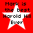 Red background with four identical white stars, each containing black text reading "Mark is the best Harold Hill Ever" in pixelated font.
