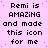 Pixelated text repeats 'Remi is AMAZING and made this icon for me' across a pink background with scattered dots, one gray rectangle visible.