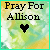 Pixelated icon with 'Pray For Allison' text and black heart symbol over blurred green-yellow background.