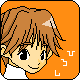 Pixelated cartoon character with brown hair and white collar on orange background, showing two eye states and subtle head tilt variations.