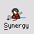 Pixel art icon of a figure in red and black clothing holding a hockey stick, with a hockey puck and stick in motion, labeled 'Synergy' below.