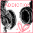 Pixelated image shows two black headphones with pink heart symbols and 'ADDICTION' text in red and gray.