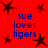 Red background with dark brown star shapes and blue text reading "sue loves tigers" repeated four times in a