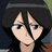 Pixelated anime-style character with dark hair and blue eyes, next to stylized text on a black background.
