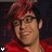 A person with red and black hair wearing a red top, shown in six with subtle facial expression changes