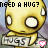Animated contact sheet of six identical yellow cartoon figures with large white eyes, each holding a sign reading "HUGS" and displaying pink heart symbols beneath the signs.