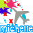 Pixelated icon with gray airplane, red pushpin, and colorful splatters above blue text reading 'michelle' on left side.