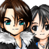Two anime-style characters in a static composition, one with brown hair and teal eyes, the other with dark hair and brown eyes, both wearing black jackets with white fur collars.