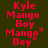 Red pixelated text on dark green background displays "Kyle Mango Boy" repeated with asterisk and plus symbols in two vertical