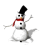 Animated snowman with black top hat, red scarf, and orange nose in three distinct poses against white background.
