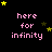 Black background with pink text 'here for infinity' and scattered yellow and green stars in a