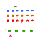 Pixelated of blue, orange, and red alien-like figures above green barriers with pink projectiles moving downward