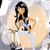 A pixelated figure with long dark hair holds a small object near their face, wearing a light-colored sleeveless top with dark accents and dark pants against a soft gradient background.