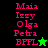 Pixelated text list with pink letters on black and green backgrounds, featuring a green star and black star in different sections.