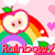 Pixelated apple with rainbow arc, green leaf, and heart-shaped core on pink background with floating hearts.