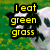 Pixelated cow with black-and-white patches on green grass background, displaying sequential text overlays in yellow, green, and blue.