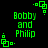 Green pixelated text "Bobby and Philip" appears in four corners with green square-dot corner decorations on black background.