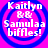 Four identical circular icons with blue concentric rings on a bright pink background, each displaying white text reading "Kaitlyn & Samulaa biffles!" in a pixelated font.