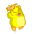 Pixelated yellow creature with green accents, closed eyes, pink cheeks, and orange limbs in a jumping pose against white background.