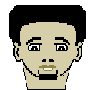 Pixelated avatar head in multiple poses showing front, side, and three-quarter views with consistent facial features.