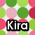 Four distinct background patterns with the word "Kira" in bold black-and-white text, each pattern featuring different colored circles on white or pink backgrounds.
