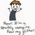 Pixelated character with brown hair, dark blue shirt, and raised arms above stylized text on white background.