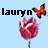 Pixelated image with light blue background showing 'laurn' text, red flower-like shape, and orange butterfly with green accents.