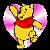 Pixelated yellow bear with red shirt stands inside heart-shaped pink and white floral border on dark background.