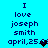 Blue background with dark blue text reading "I love joseph smith april,25.0" and a small heart symbol changing color between frames.