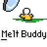 Animated contact sheet showing 16 frames of a pixel art character melting under a spotlight, with repeated text "Melt Buddy" below each frame.