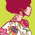 Pixelated image of a figure with large magenta hair holding a pink object against a yellow background.