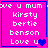 Pixelated pink background with white text listing names and 'Love u', blue border, and a blue heart symbol.