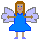 Pixelated angel figure with brown hair, blue dress, and purple shoes stands against white background.