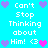 Pixelated cyan background with white text reading "Can't Stop Thinking about Him! <3" and purple/pink heart icons arranged in a pattern