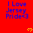 Red background with blue text reading "I Love Jersey Pride<3" repeated in a , yellow heart symbols scattered across the image