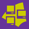 Yellow geometric shapes on purple background form a of six , each showing variations in smiley face placement and arrow direction