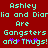 Red background with cyan pixelated text reading "Ashley lia and Diarlia and Dior Are Gangsters and Thugs!" featuring purple star-like symbols over the 'T' in 'Thugs'.