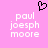 Pixelated pink background with white text 'paul', 'joesph', and 'moore' in three , a black pixel-art heart above the left of text