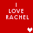 Red background with white text "I LOVE RACHEL" repeated four times and pixelated hearts in different positions.