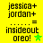 Yellow background displays black text 'jessica+ jordan+ ... = insideout oreo!' with a green star symbol, two identical static versions side-by-side.