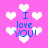 Pixelated pink background with white heart shapes and blue text reading "I love YOU!" in four quadrants.