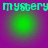 Pixelated cyan text 'mystery' repeats across a purple background with four green circular gradients arranged in a